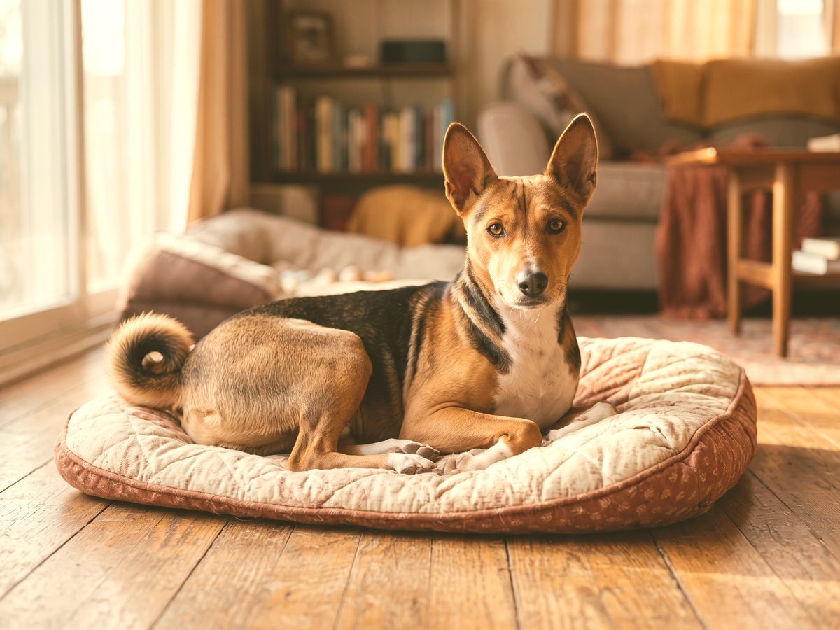 Basenji Balu liegt entspannt auf seinem Hundebett