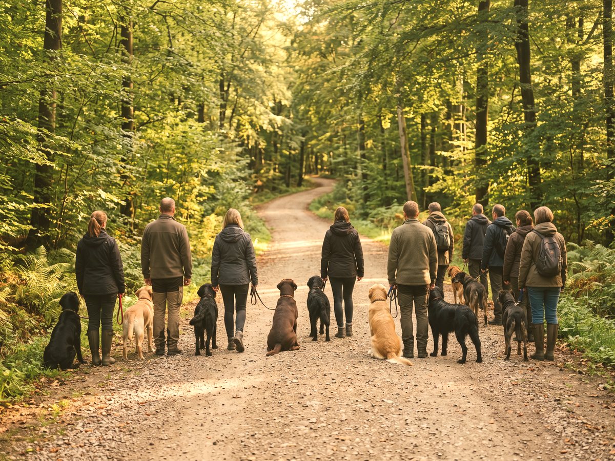 Große Hundegruppe beim gemeinsamen Spaziergang auf dem Waldweg