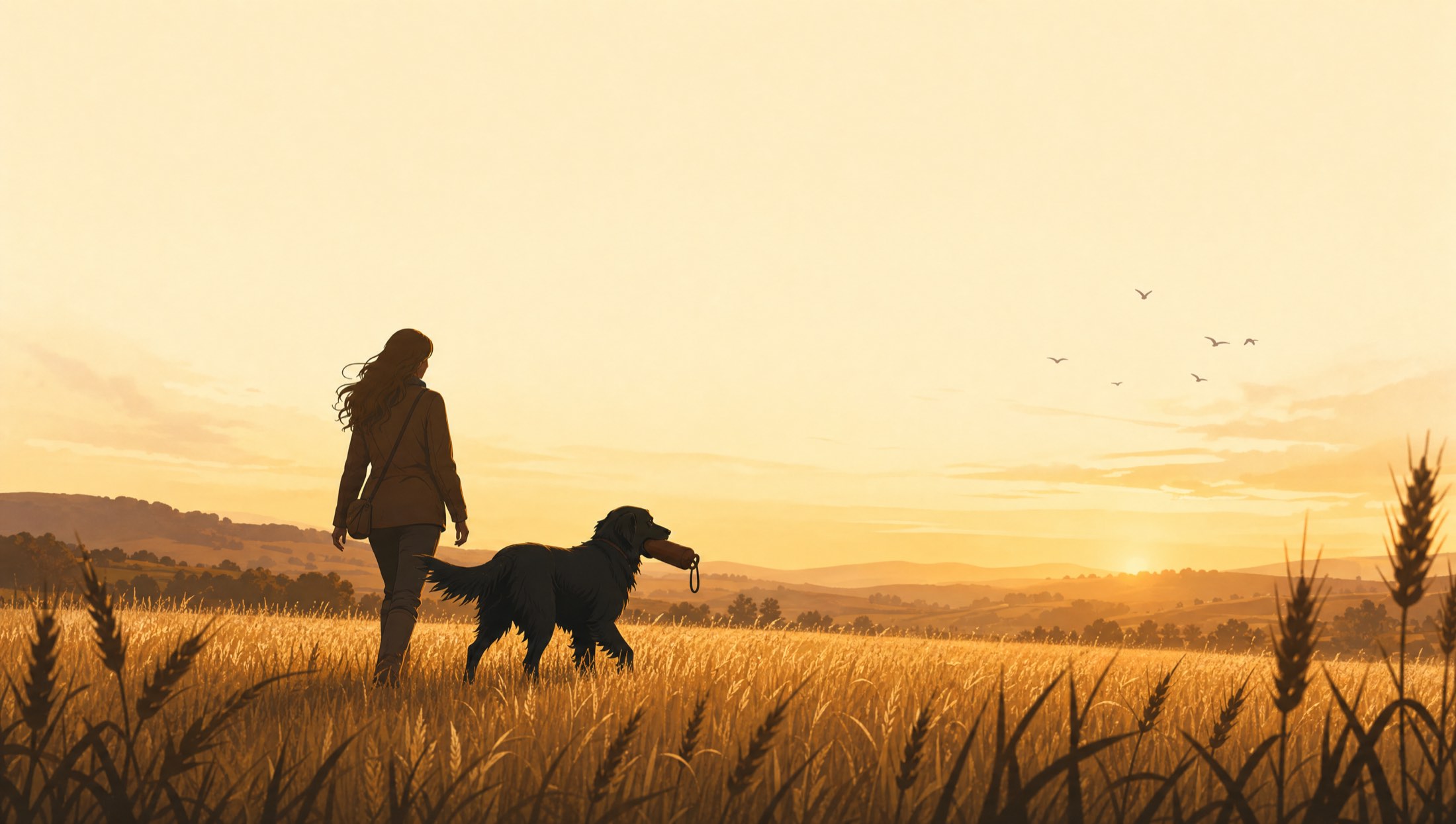 Illustrierte Abendszene: Marlene geht mit einem Flat Coated Retriever mit Dummy im Maul durch ein goldenes Kornfeld bei Talheim