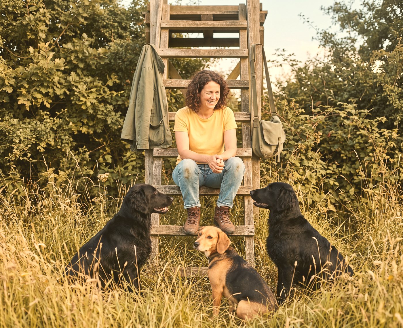 Marlene Ahrens sitzt mit ihren zwei Flat Coated Retrievern und Basenji Balu am Hochsitz