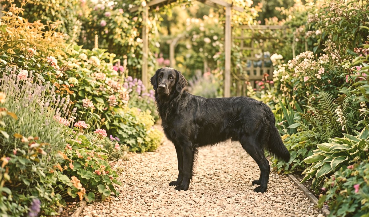 Zuchthündin Nala steht auf dem Gartenweg