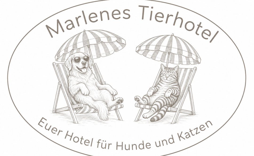 Marlene's Tierhotel: Euer Hotel für Hunde und Katzen, ovales Logo mit Hund und Katze im Liegestuhl