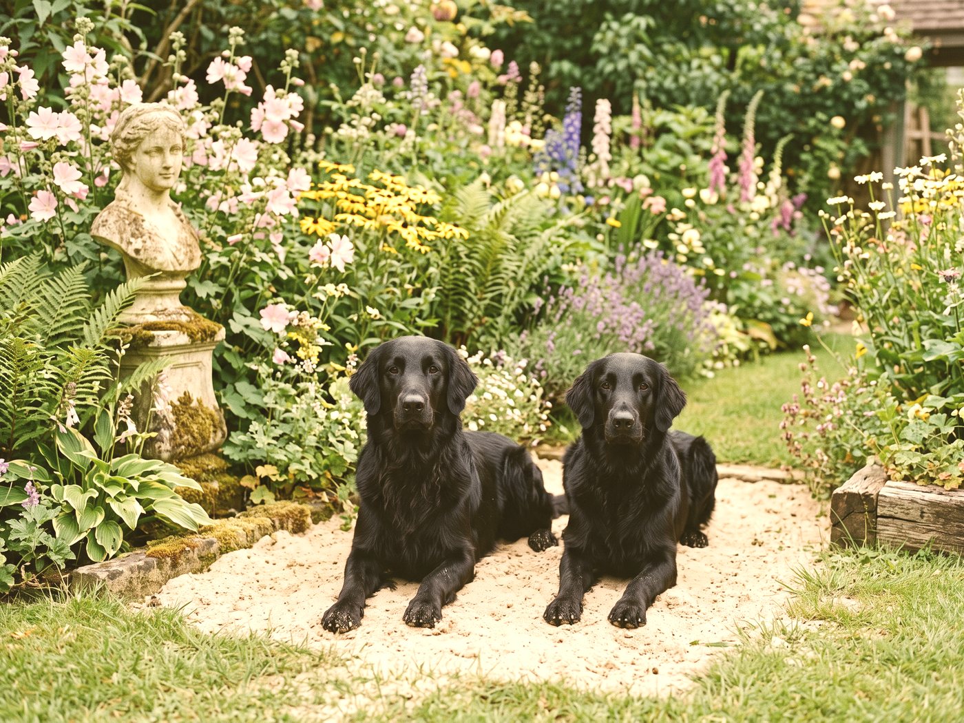 Marlene Ahrens mit einer Gruppe schwarzer Flat Coated Retriever Welpen im Garten